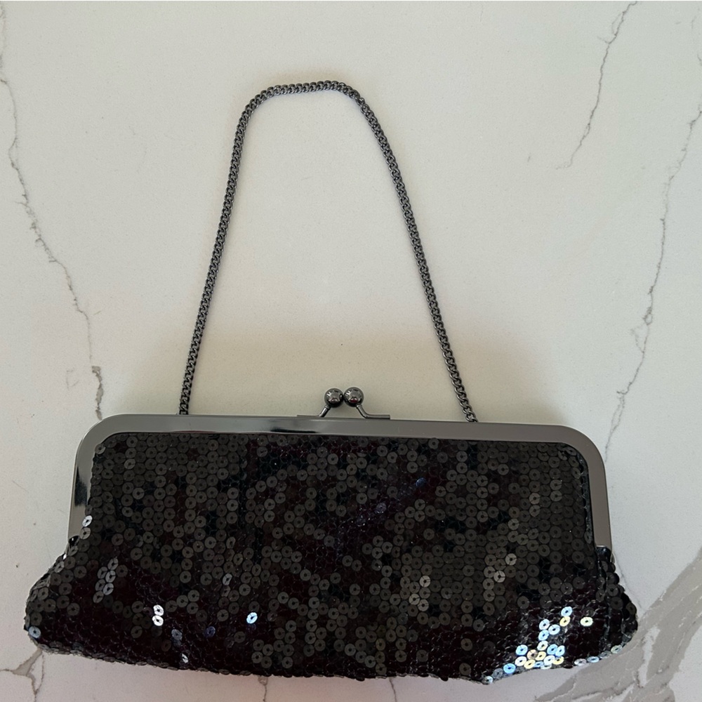 Black Sequin Evening Clutch with Chain Strap